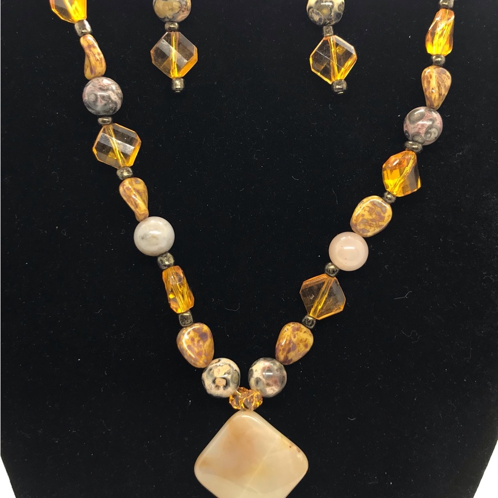 Handcrafted jasper beaded necklace and earrings